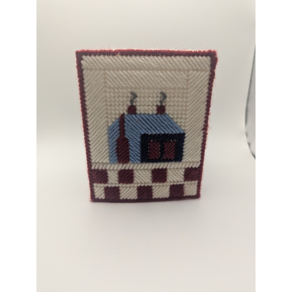 Vtg Handmade Plastic Canvas Tissue Box Cover Home Accent Blue House Design